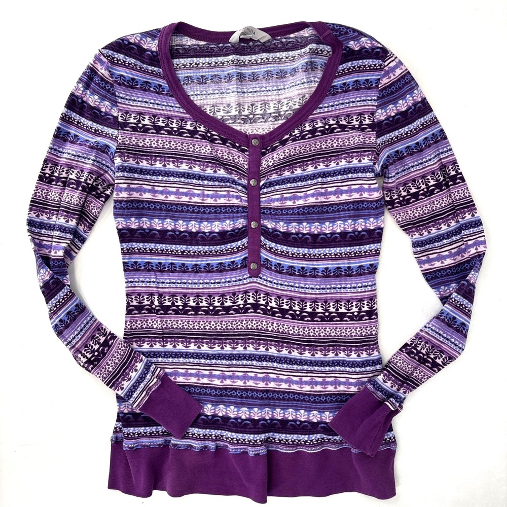 Athleta Waffle Thermal Top Purple Boho Long Sleeve Henley 2000s Y2K VTG USA Made